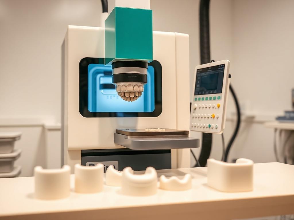 CAD-CAM dental milling machine shaping a ceramic crown