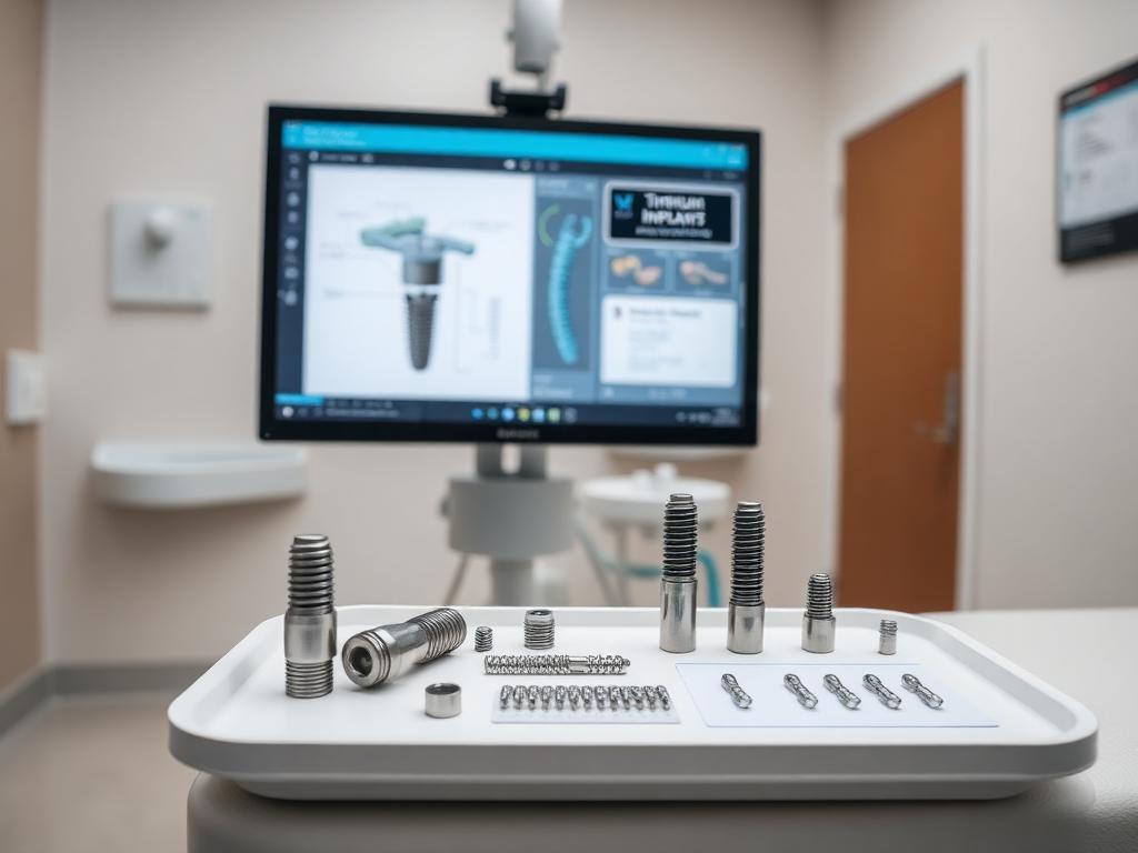 Dental implant components and a surgical guide beside a planning screen