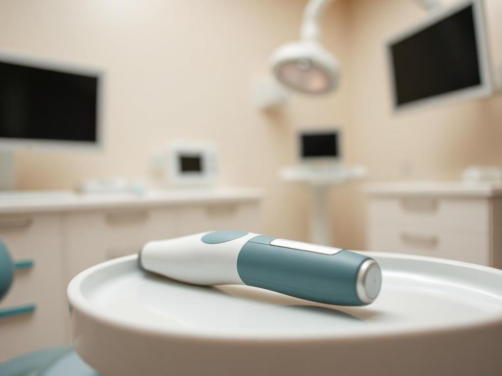 Handheld intraoral dental scanner on a sterile tray