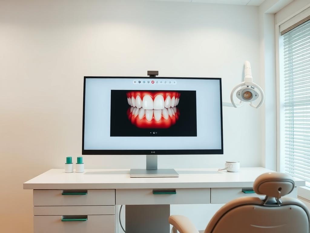 Monitor showing a digital smile design preview in a consultation room